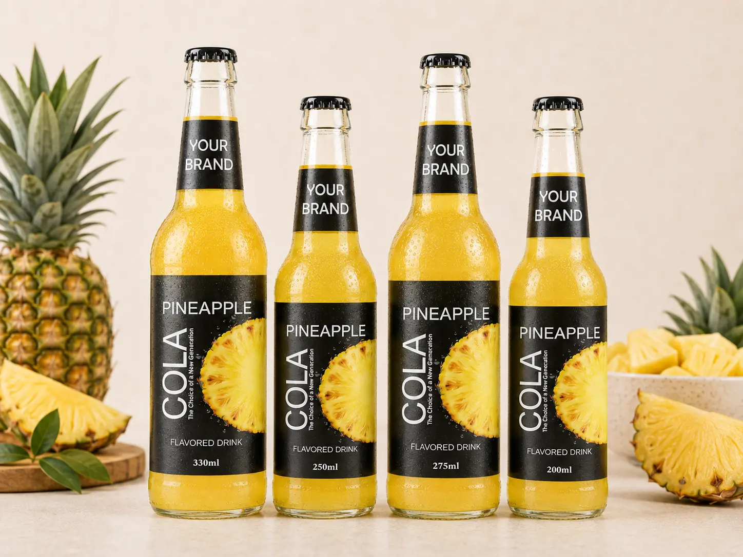 COLA DRINK Pineapple flavour in 330ml, 250ml, 275ml, and 200ml glass bottles.